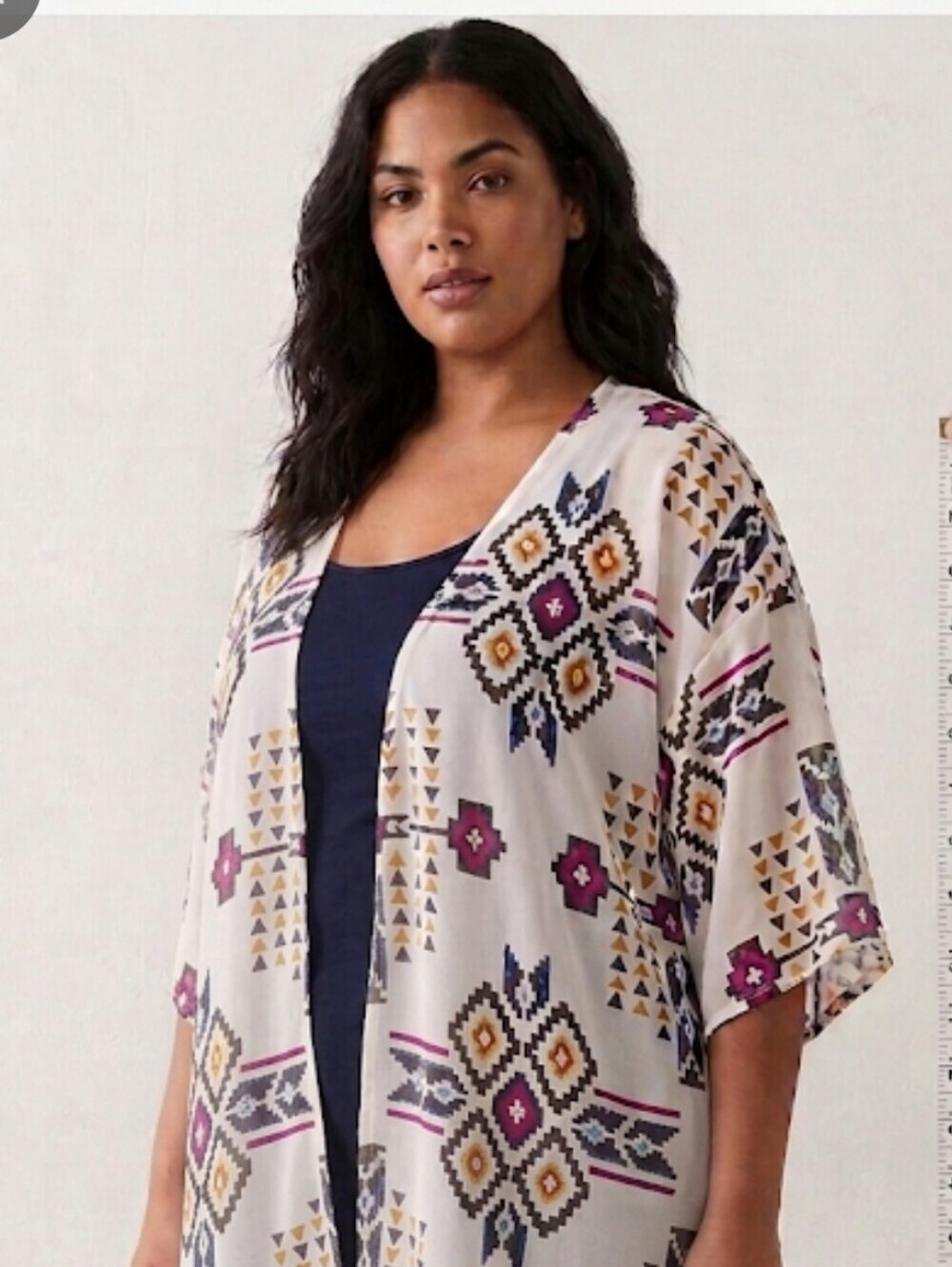 Sheer Kimono Aztec Print White with Pink, Yellow & Gray Will Fit Up to 2X
